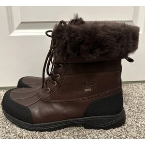 UGG Australia Mens‎ 10.5 Brown Leather Shearling Winter Boots Vibram Waterproof